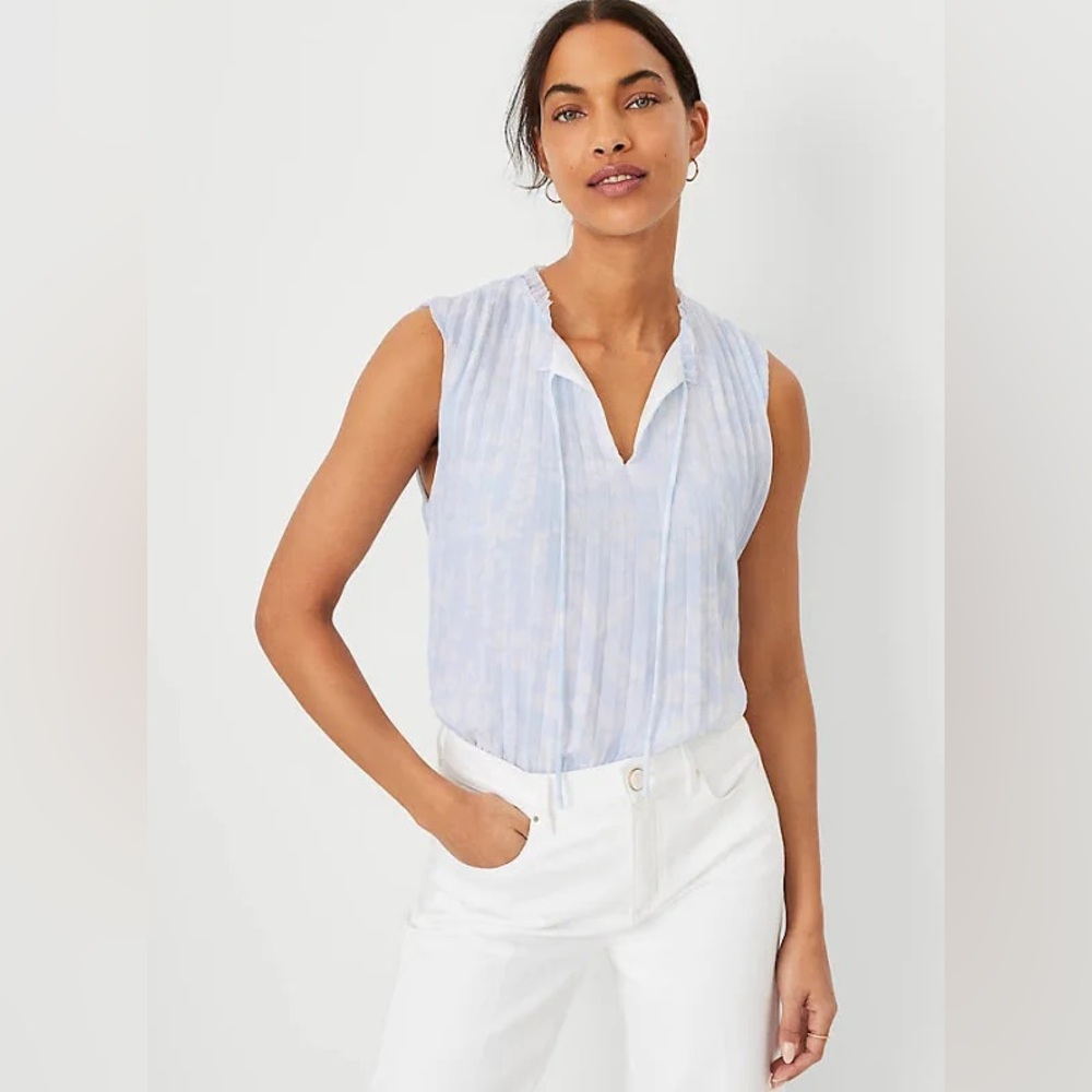 Ann Taylor Floral Pleated Tie Neck Top